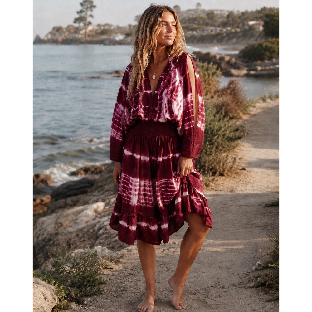 New York & Co. Slit Shoulder Tie Dye Mini Dress Burgundy XL Smocked Waist Boho
